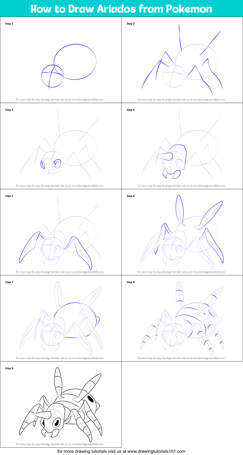 How to Draw Ariados from Pokemon printable step by step drawing sheet ...