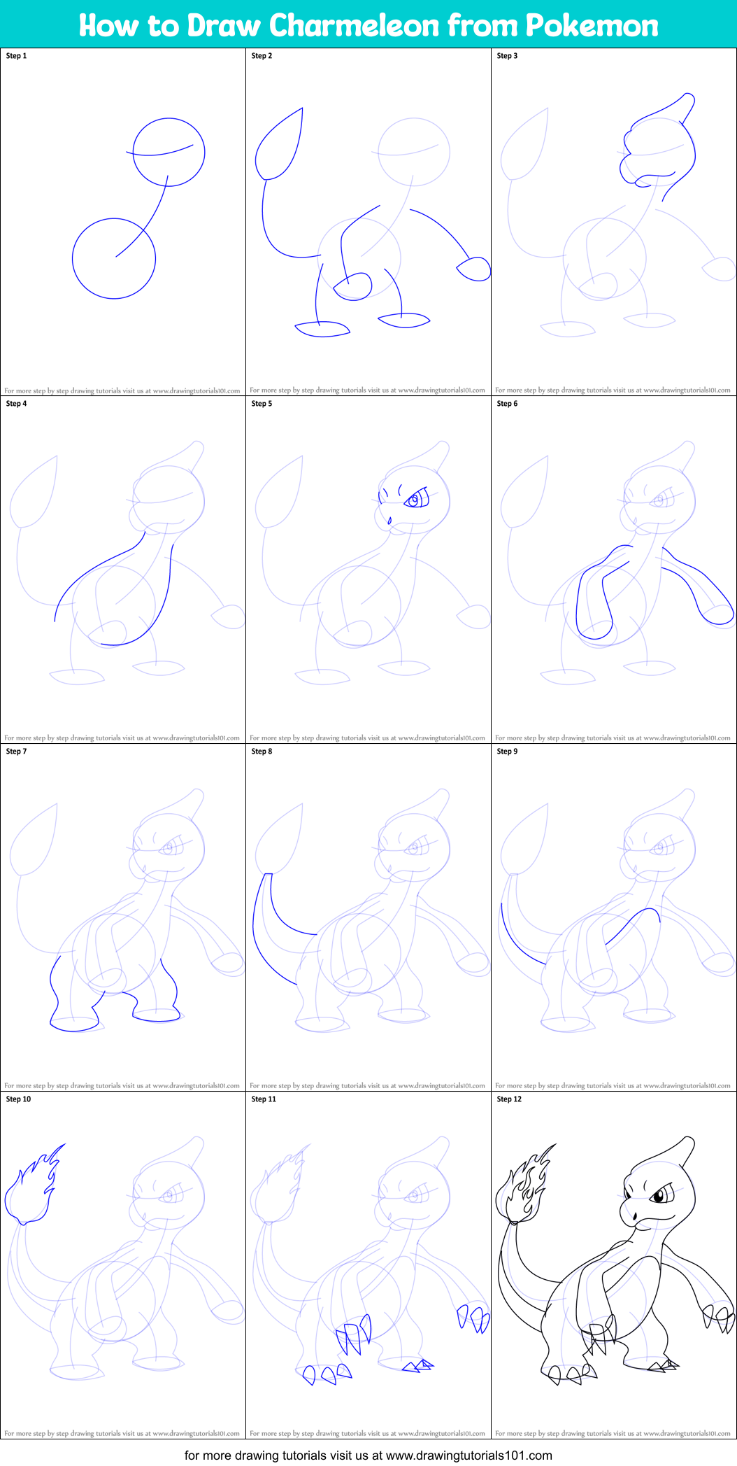 How to Draw Charmeleon from Pokemon printable step by step drawing