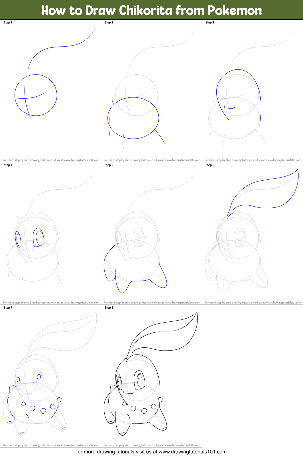 How to Draw Chikorita from Pokemon printable step by step drawing sheet ...