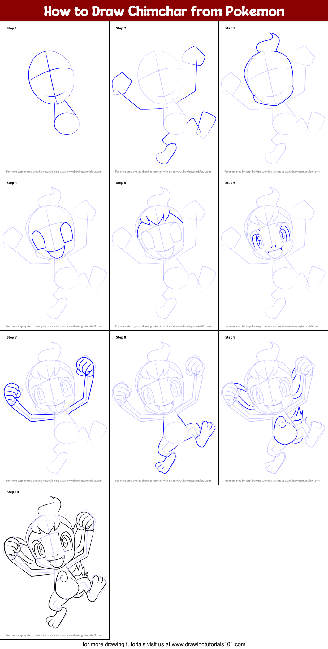 How to Draw Chimchar from Pokemon printable step by step drawing sheet ...