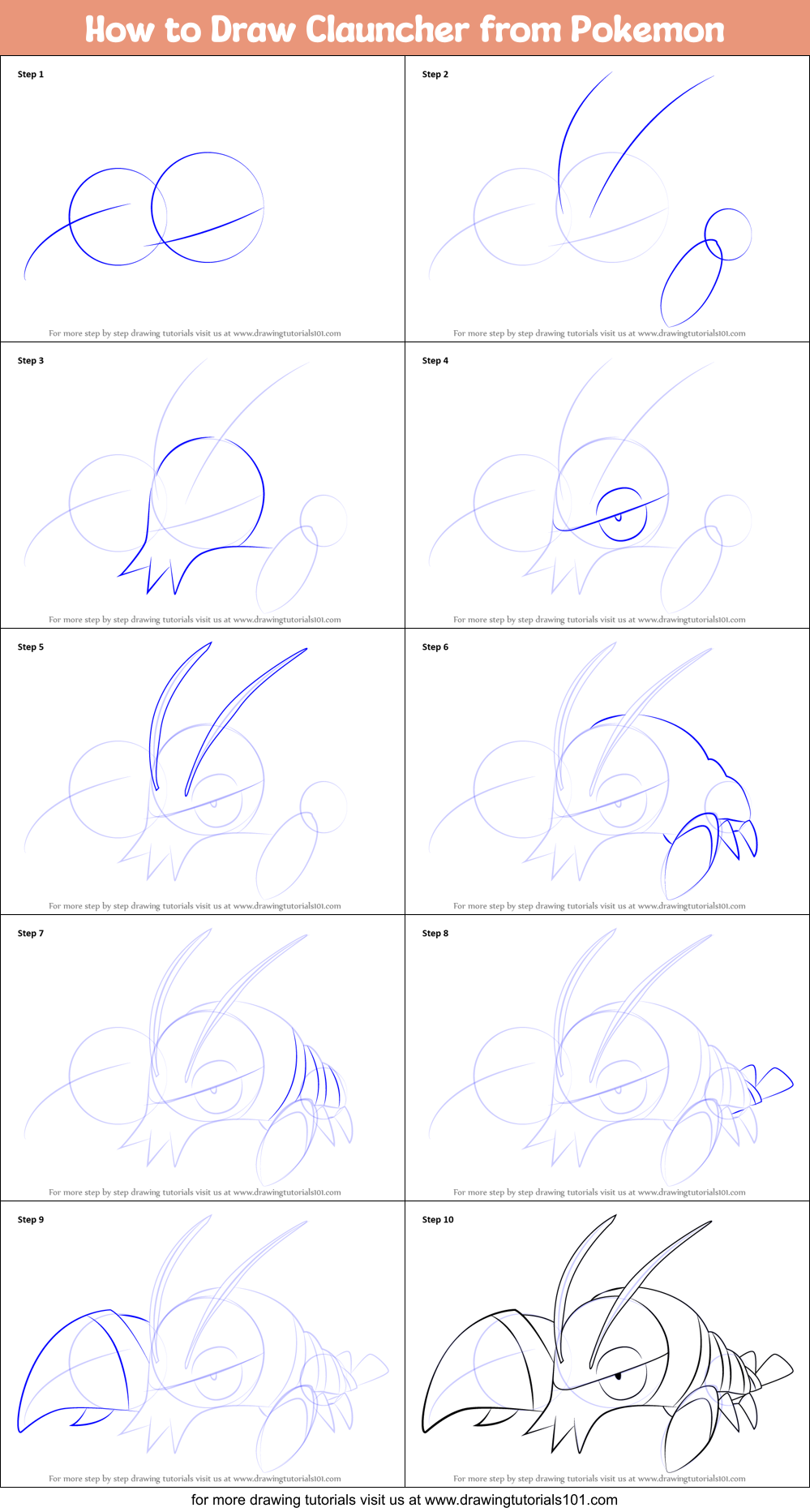 How to Draw Clauncher from Pokemon printable step by step drawing sheet ...