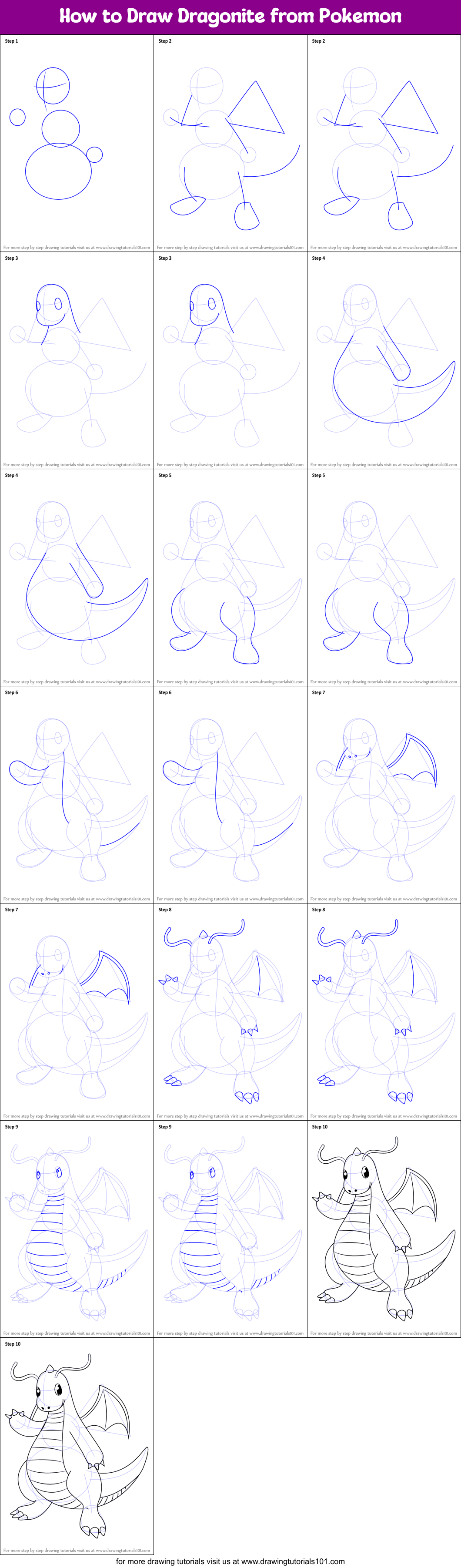How to Draw Dragonite from Pokemon printable step by step drawing sheet