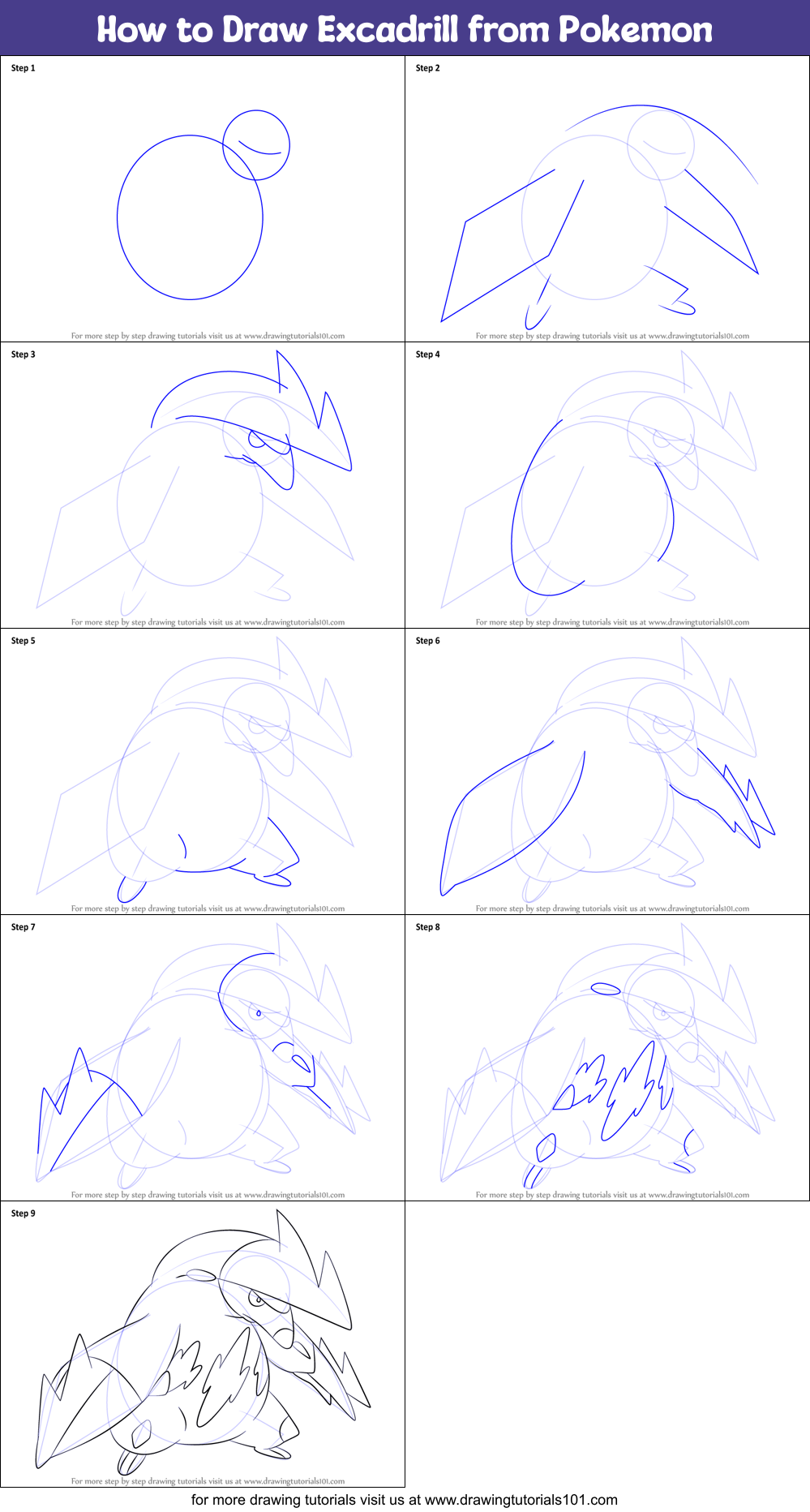 How to Draw Excadrill from Pokemon printable step by step drawing sheet ...