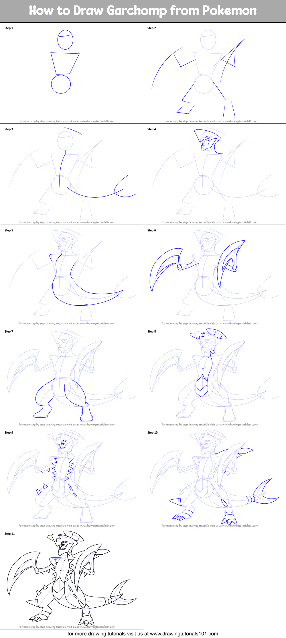 How to Draw Garchomp from Pokemon printable step by step drawing sheet ...