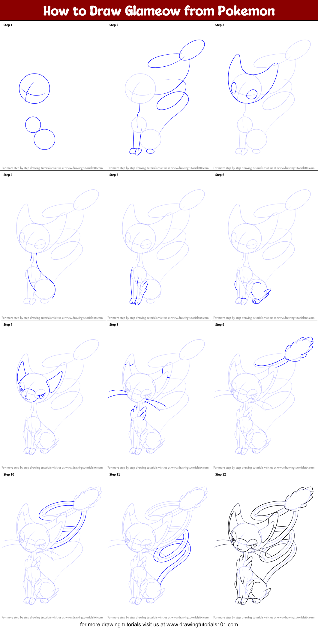 How to Draw Glameow from Pokemon printable step by step drawing sheet ...