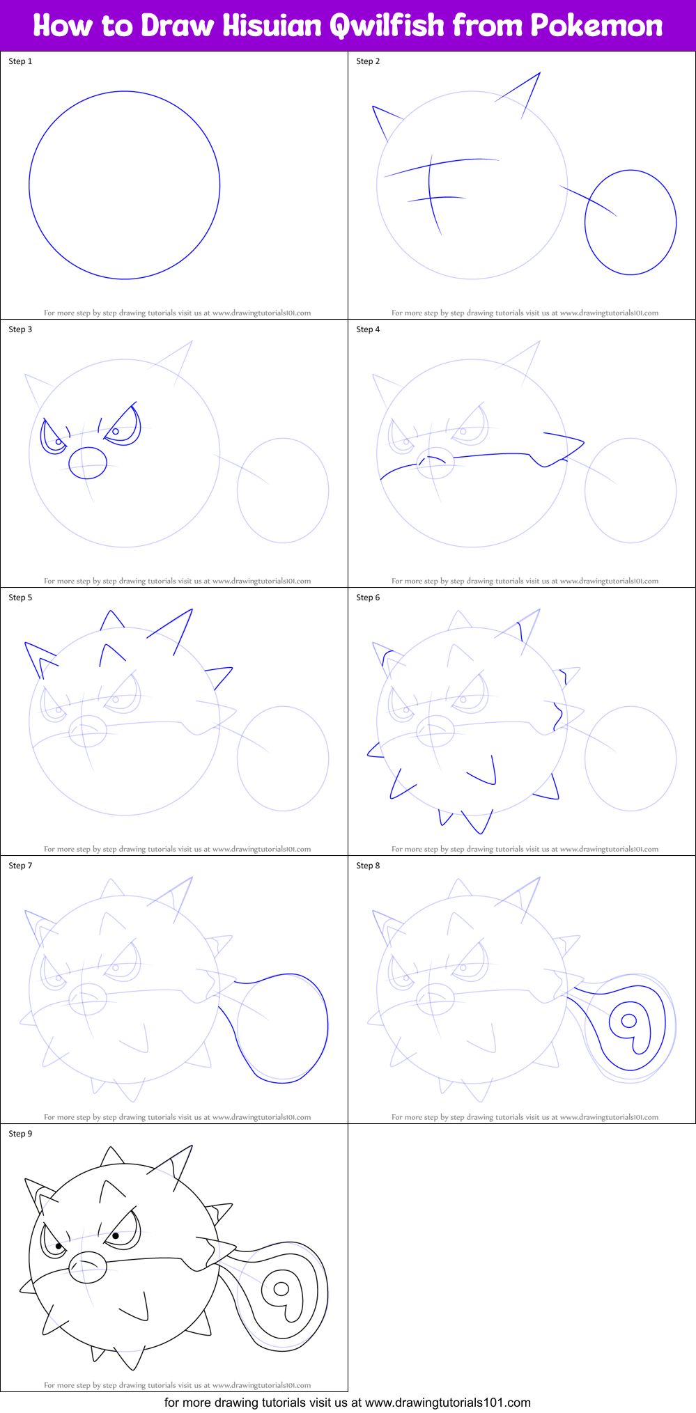 How to Draw Hisuian Qwilfish from Pokemon printable step by step ...