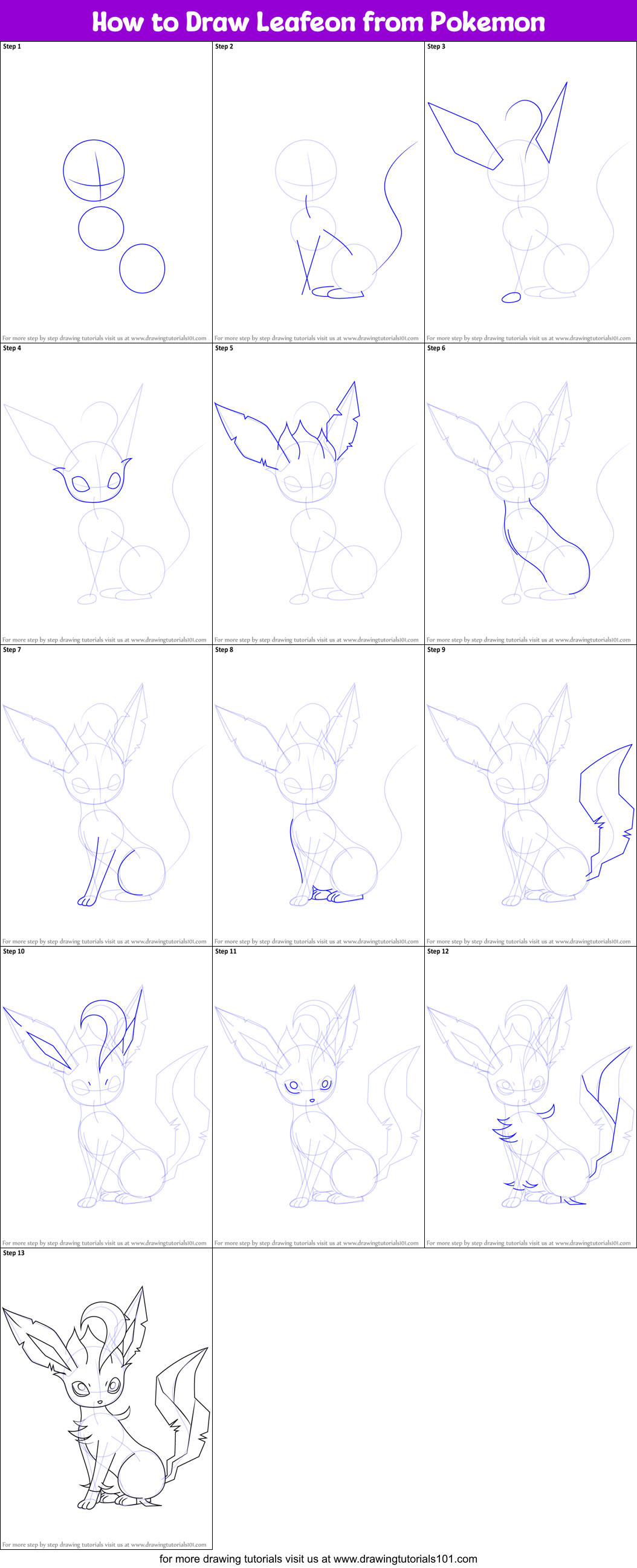 How to Draw Leafeon from Pokemon printable step by step drawing sheet ...