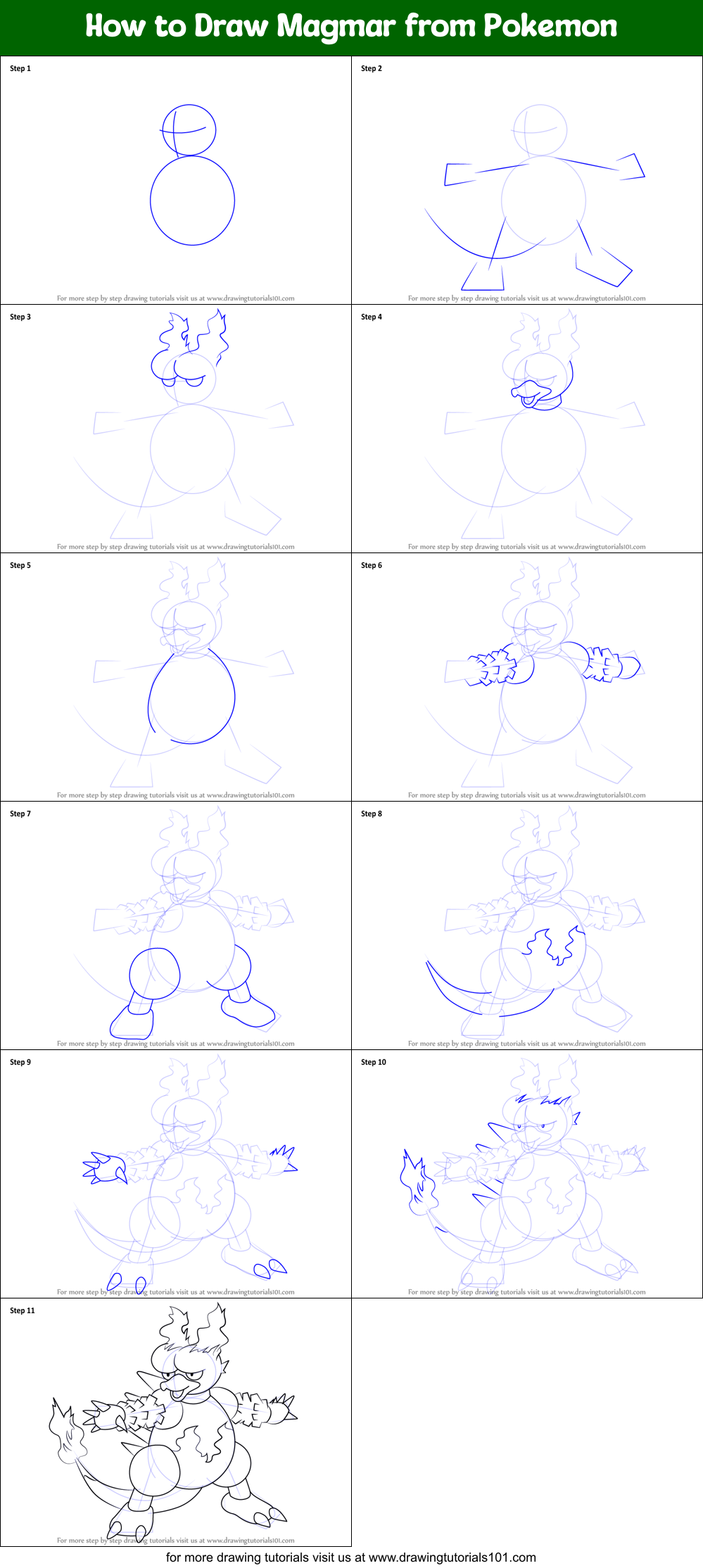 How to Draw Magmar from Pokemon printable step by step drawing sheet ...