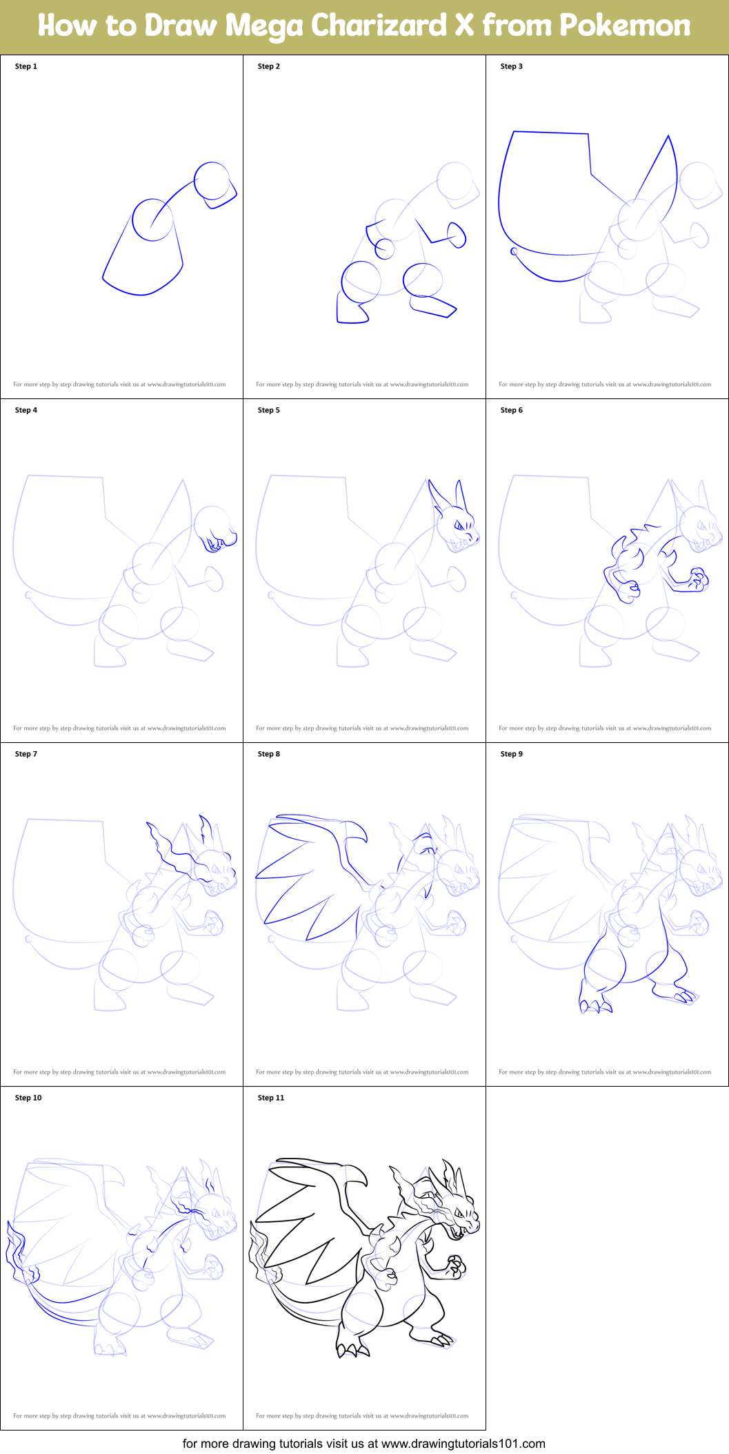 How to Draw Mega Charizard X from Pokemon printable step by step