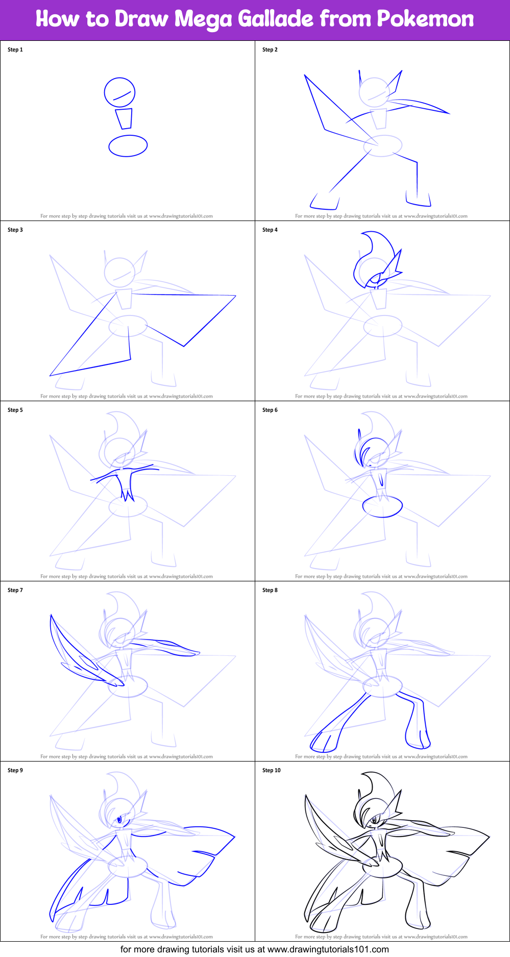 How To Draw Mega Gallade From Pokemon Printable Step By Step Drawing ...