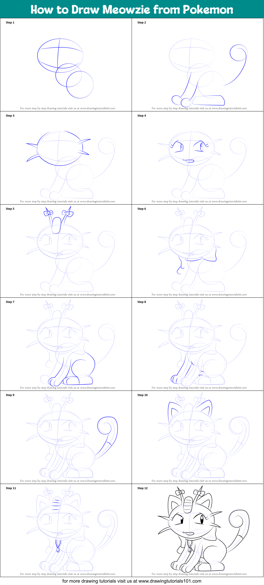 How to Draw Meowzie from Pokemon printable step by step drawing sheet ...