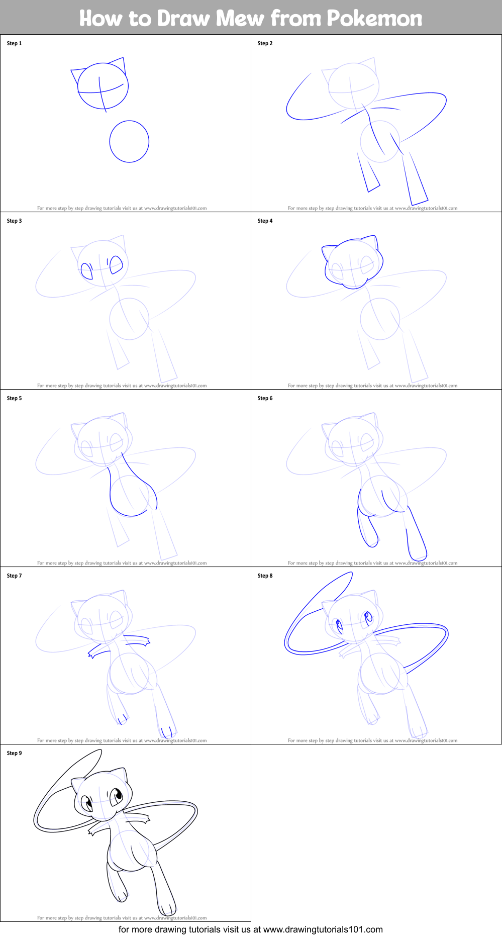 How to Draw Mew from Pokemon printable step by step drawing sheet