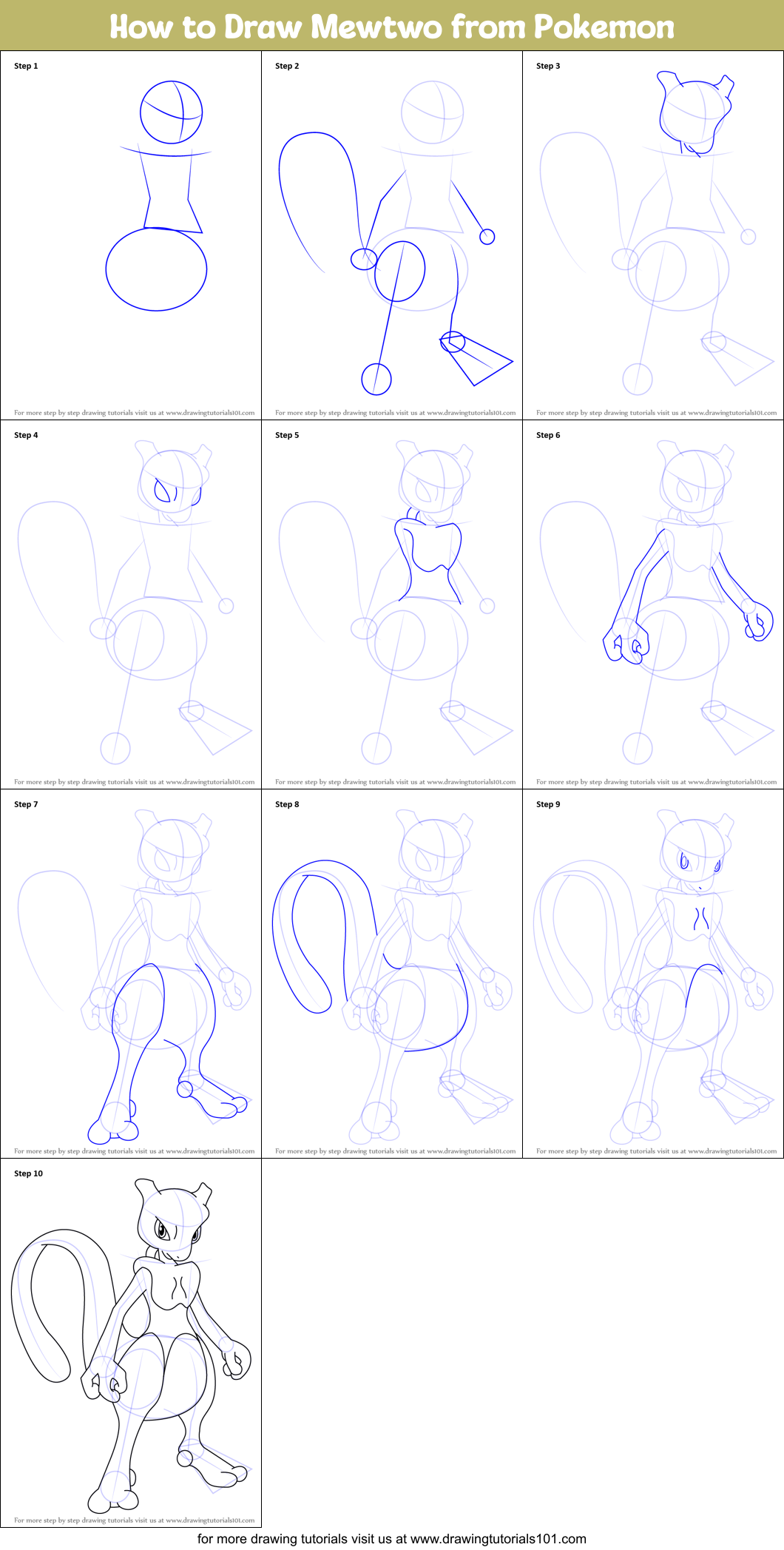 How to Draw Mewtwo from Pokemon printable step by step drawing sheet
