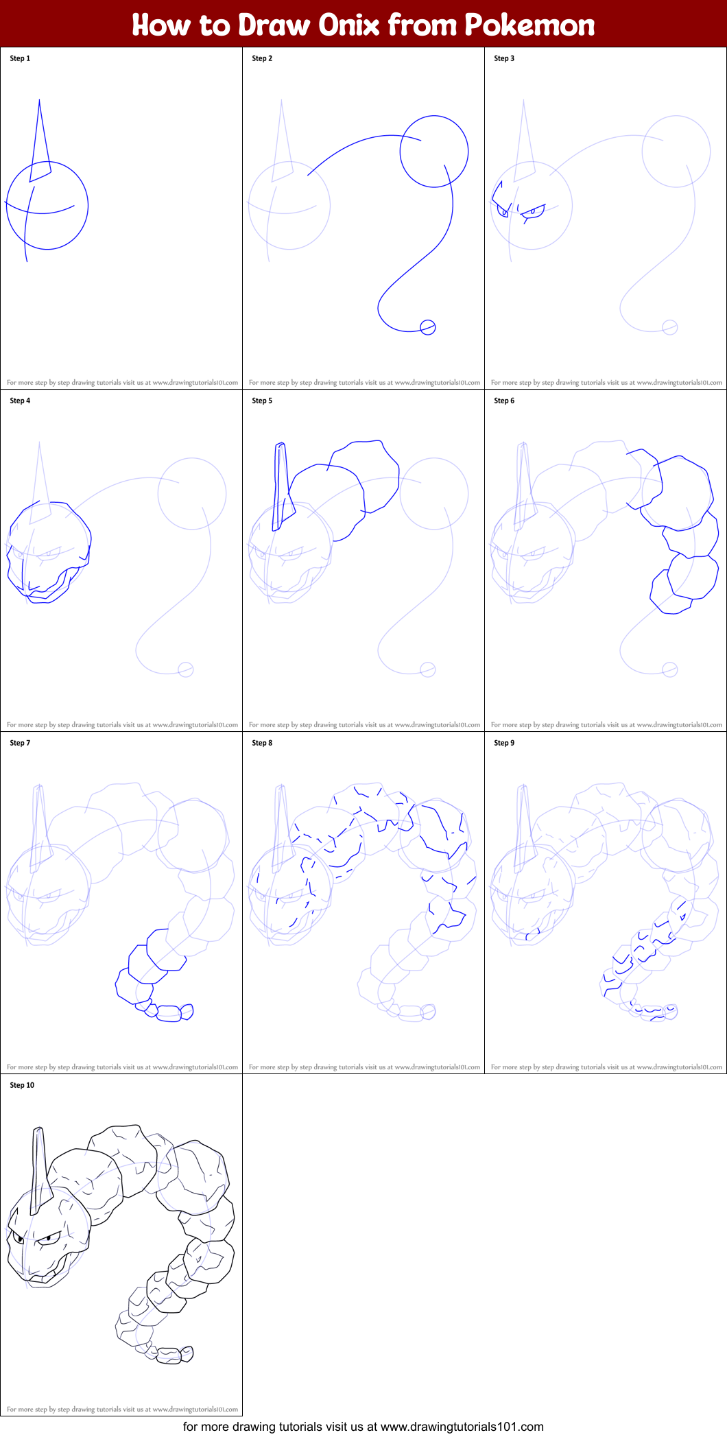 How to Draw Onix from Pokemon printable step by step drawing sheet