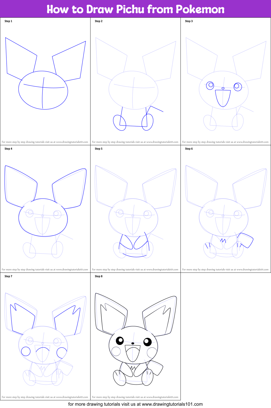 How to Draw Pichu from Pokemon printable step by step drawing sheet