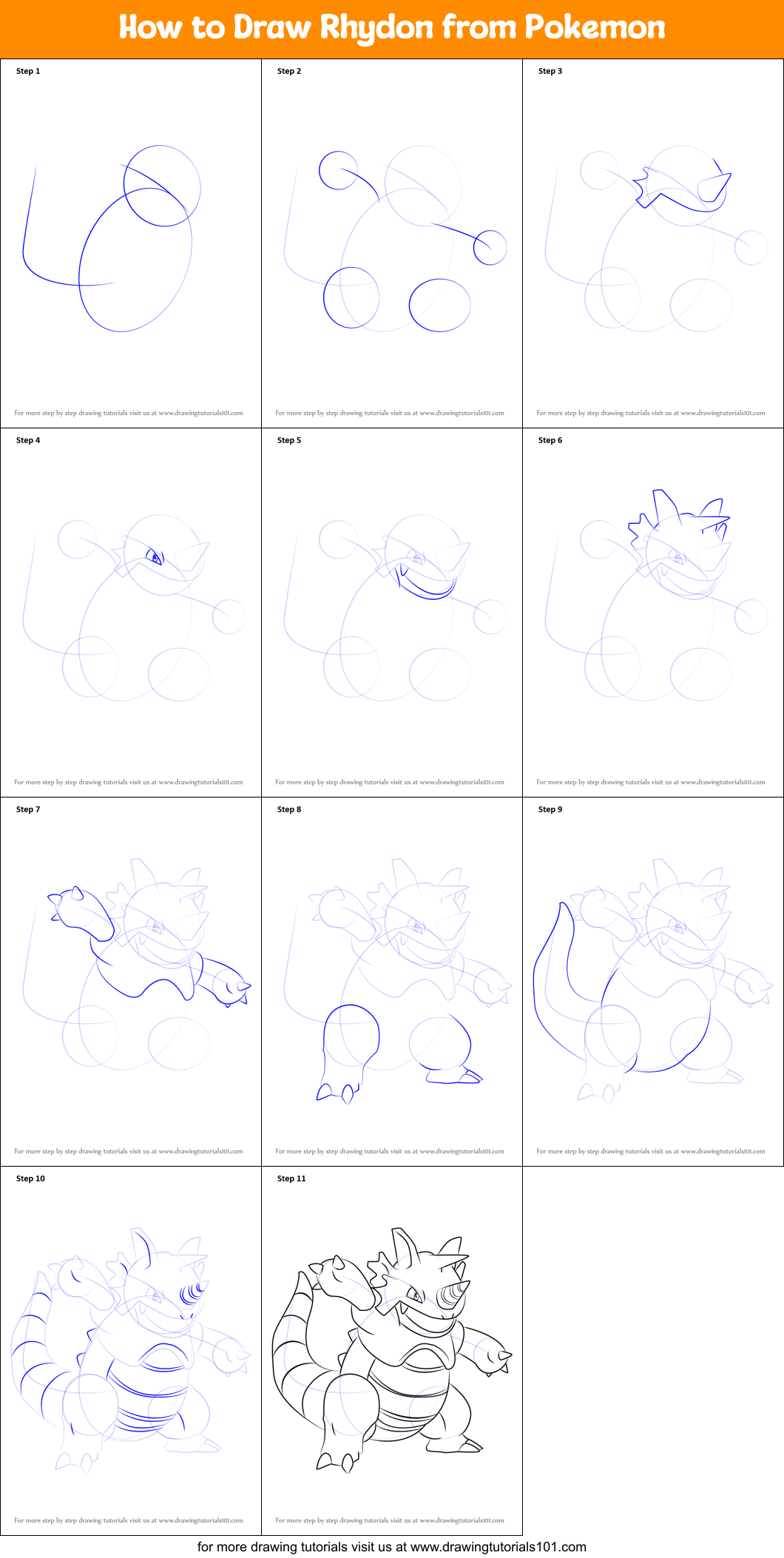 How to Draw Rhydon from Pokemon printable step by step drawing sheet ...