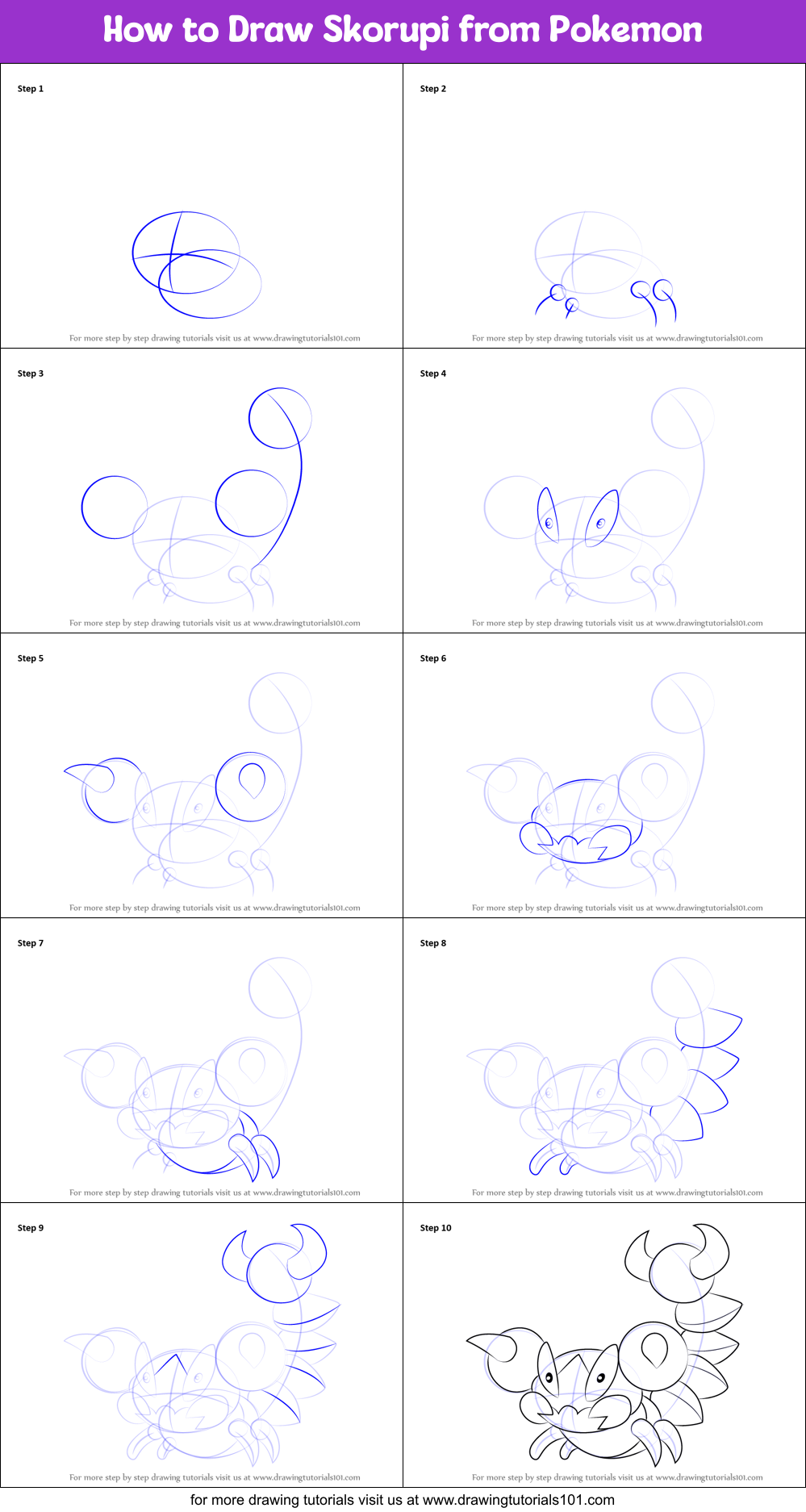 How to Draw Skorupi from Pokemon printable step by step drawing sheet ...