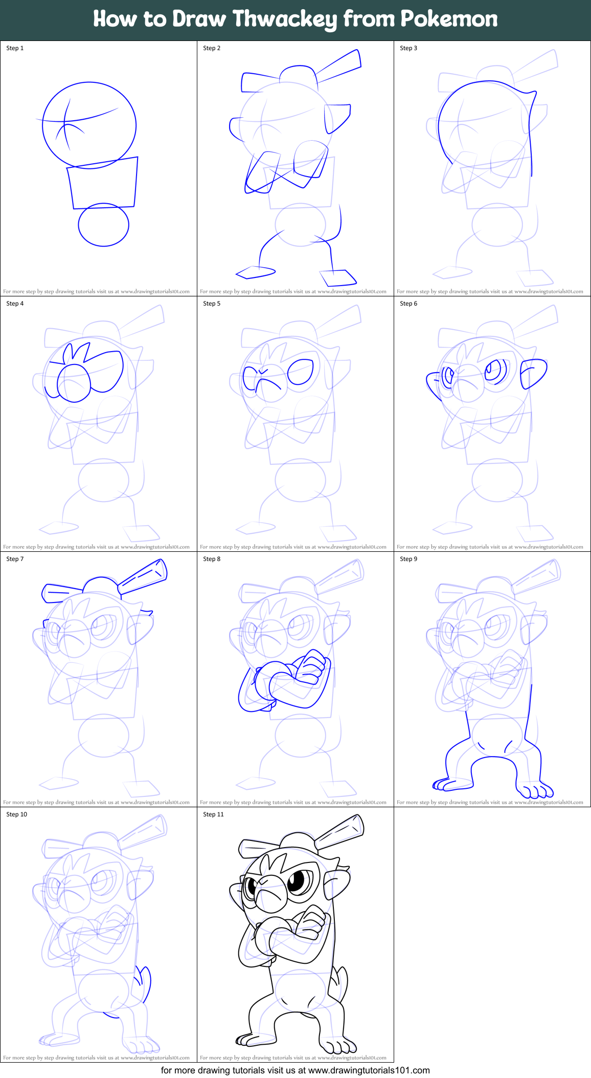 How to Draw Thwackey from Pokemon printable step by step drawing sheet ...