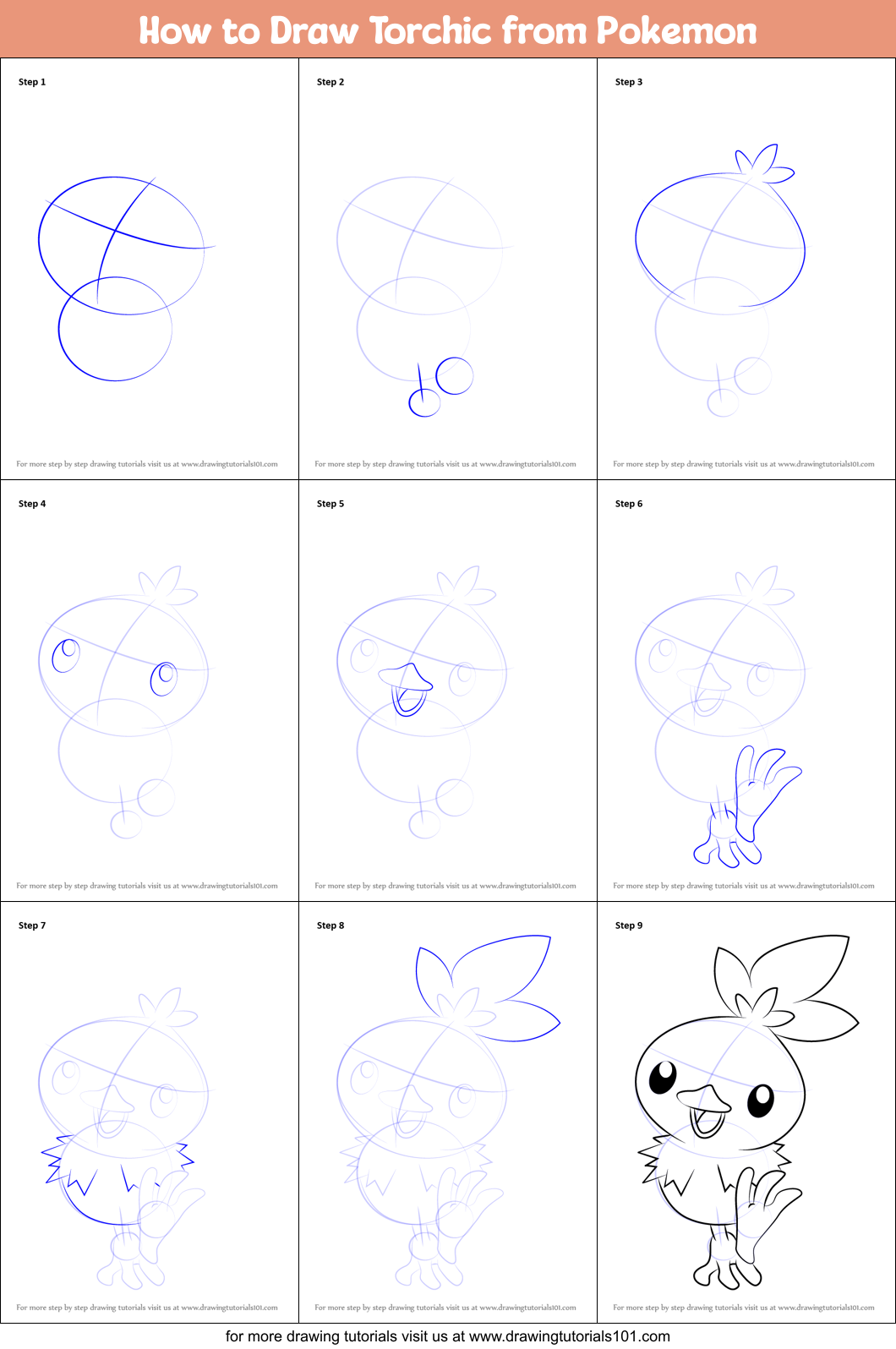 How to Draw Torchic from Pokemon printable step by step drawing sheet ...