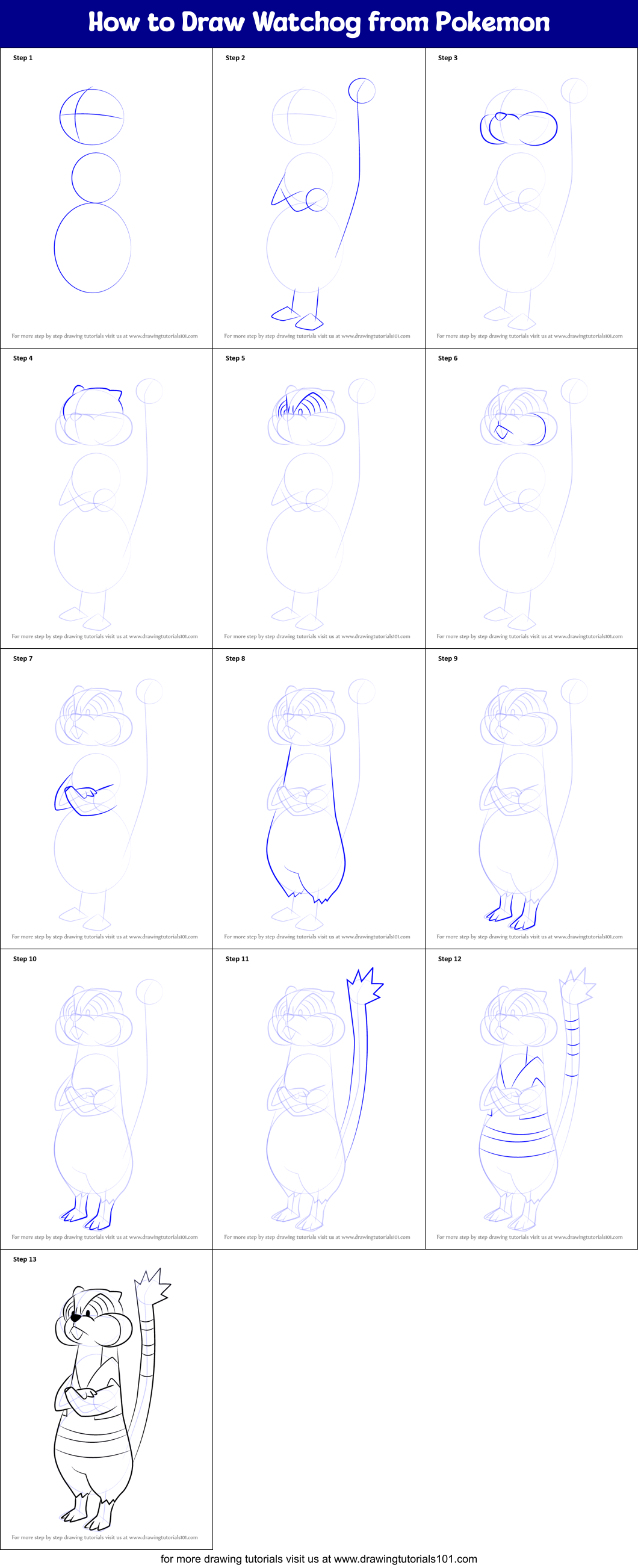 How to Draw Watchog from Pokemon printable step by step drawing sheet ...