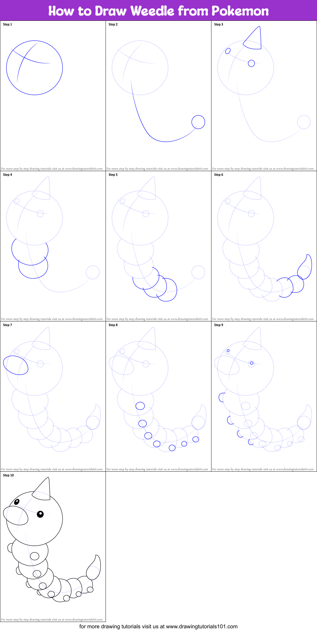 How to Draw Weedle from Pokemon printable step by step drawing sheet ...