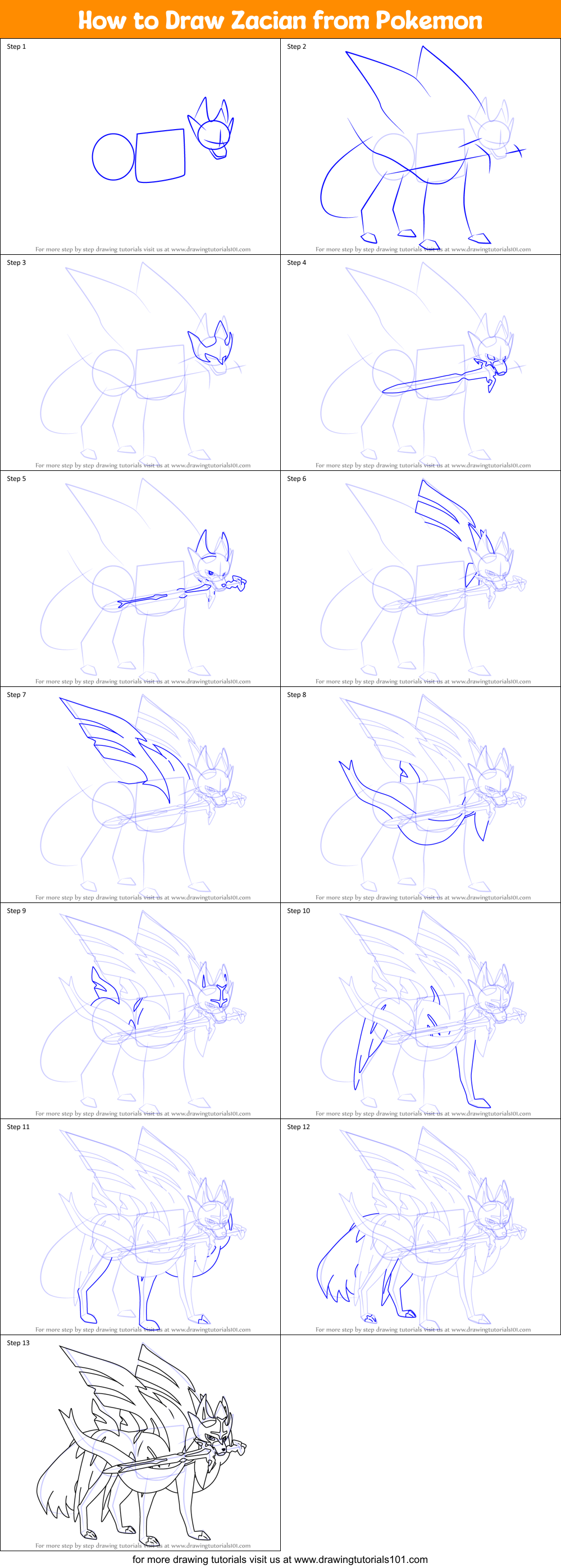 How to Draw Zacian from Pokemon printable step by step drawing sheet