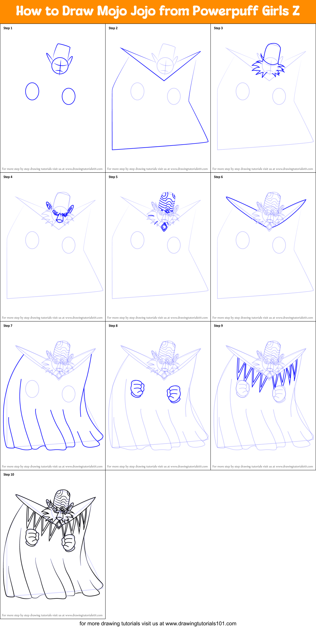 How to Draw Mojo Jojo from Powerpuff Girls Z printable step by step