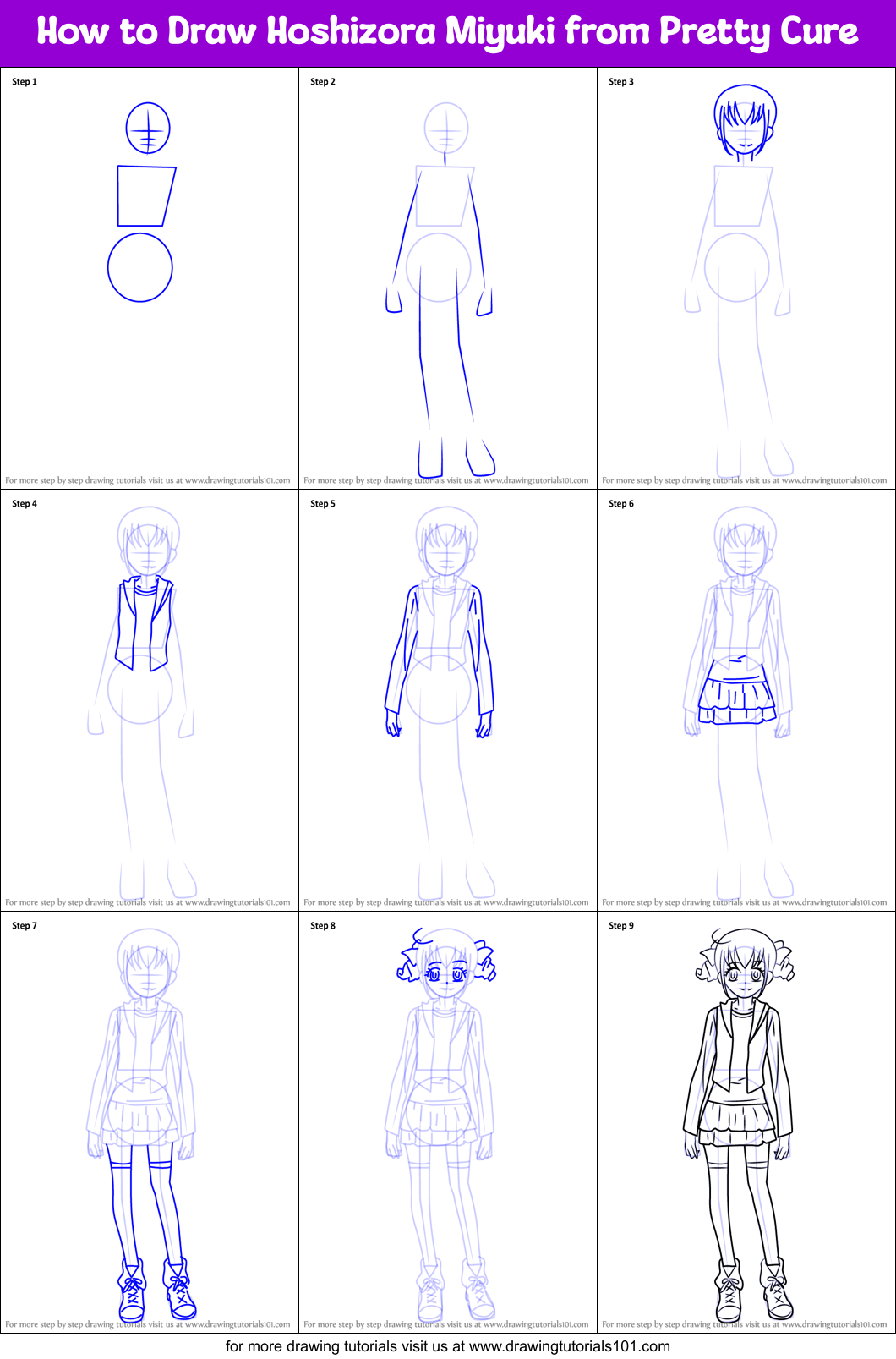 How to Draw Hoshizora Miyuki from Pretty Cure printable step by step ...