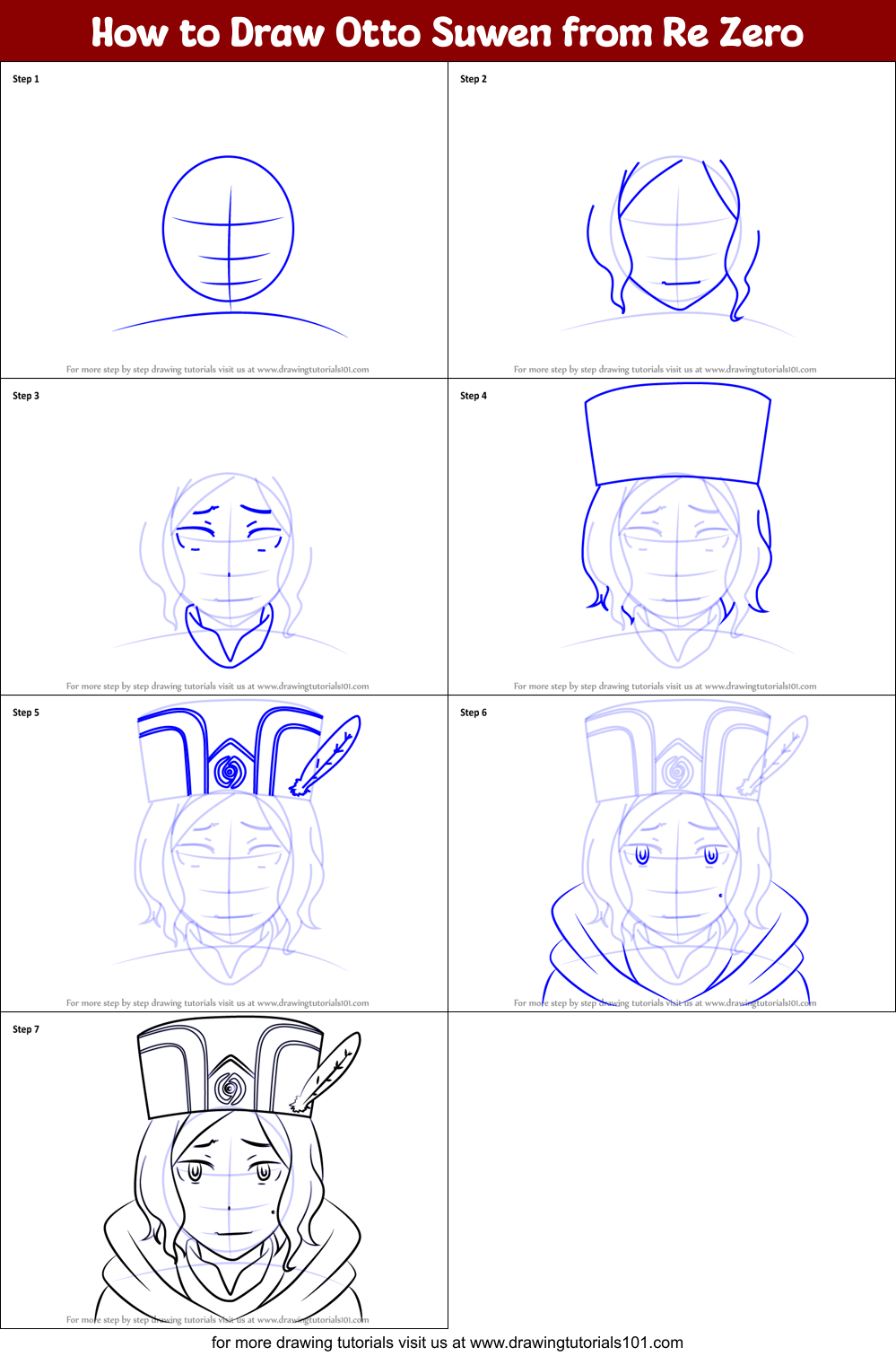 How to Draw Otto Suwen from Re Zero printable step by step drawing ...