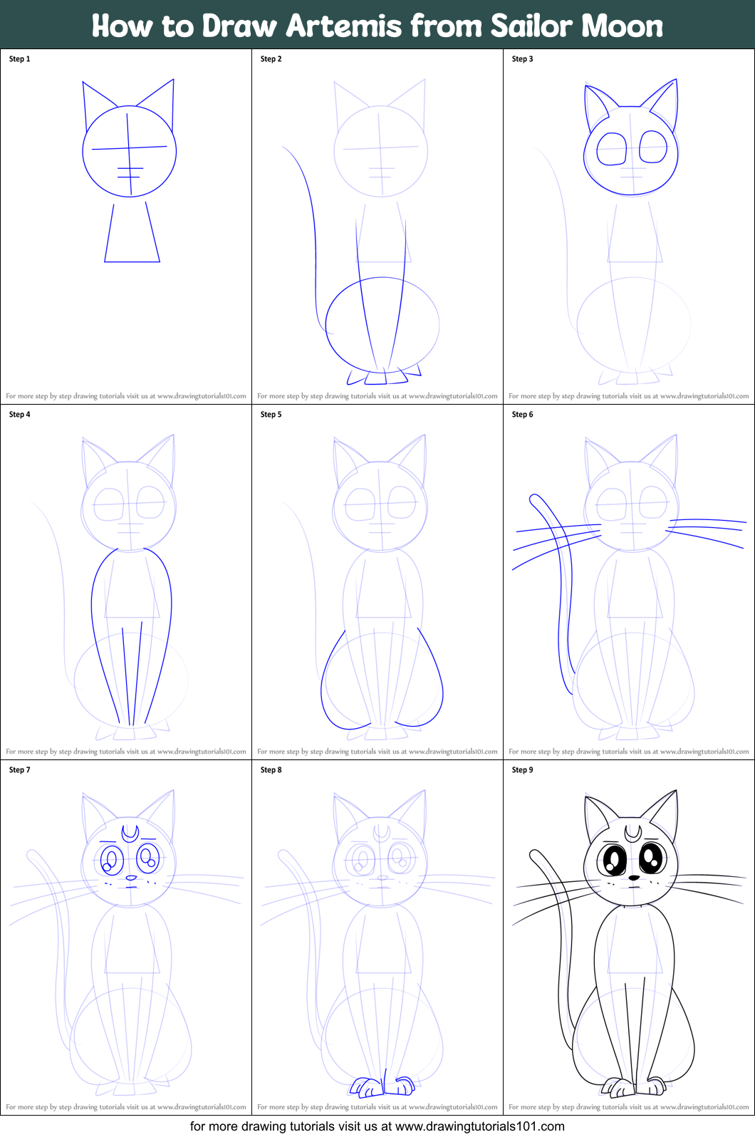 How to Draw Artemis from Sailor Moon printable step by step drawing ...