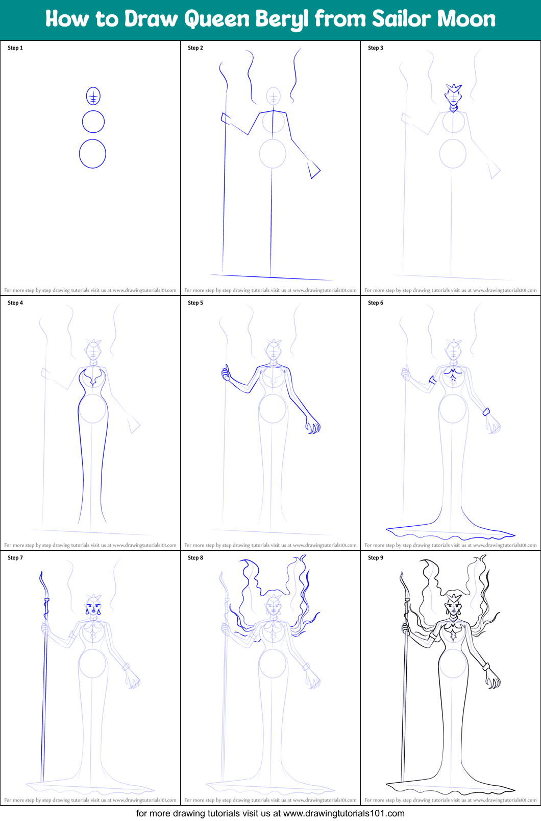 How to Draw Queen Beryl from Sailor Moon printable step by step drawing ...