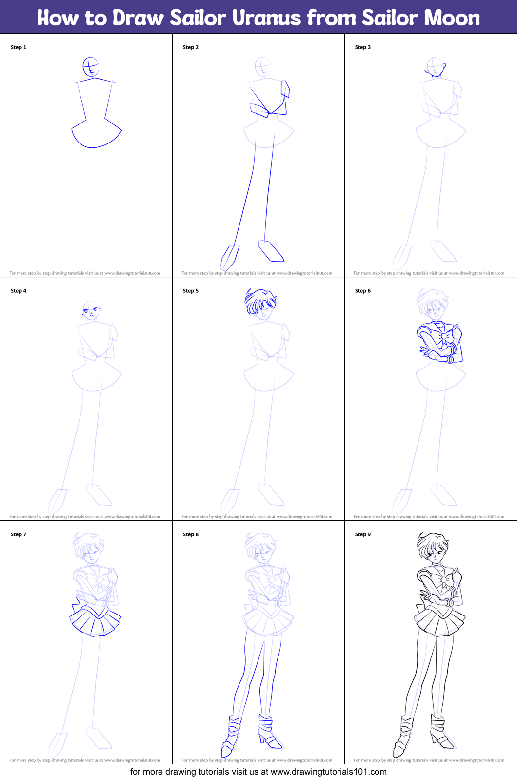 How to Draw Sailor Uranus from Sailor Moon printable step by step ...