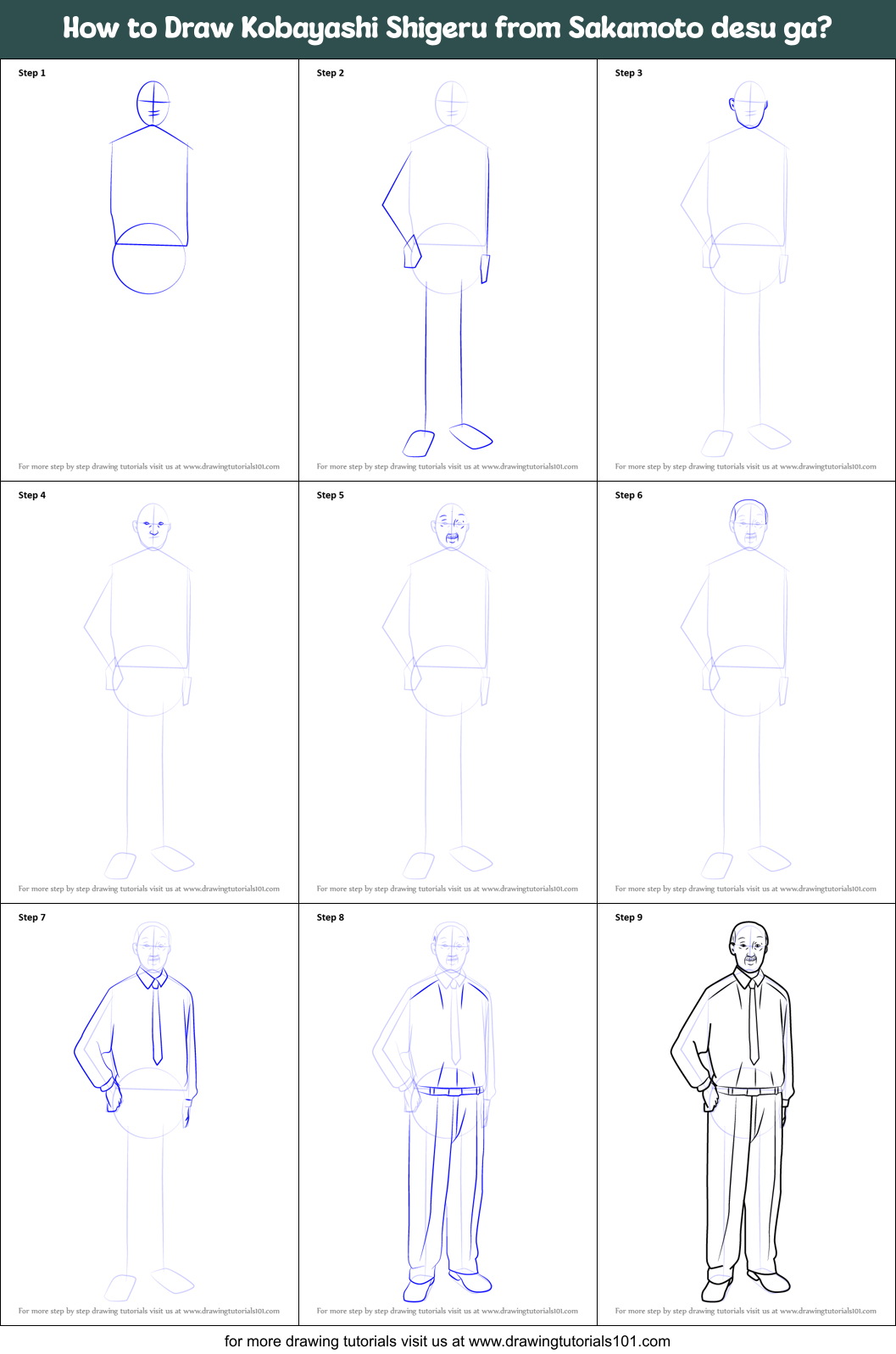 How to Draw Kobayashi Shigeru from Sakamoto desu ga? printable step by ...