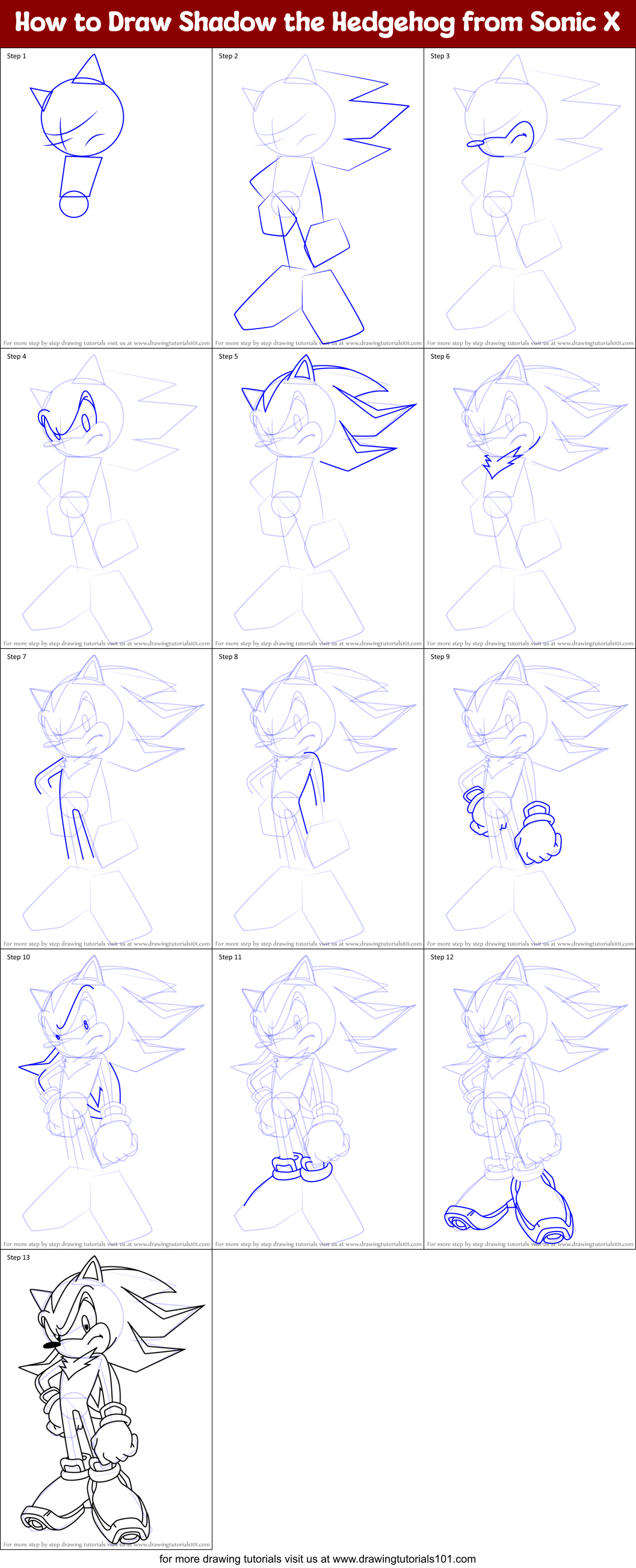 How to Draw Shadow the Hedgehog from Sonic X printable step by step ...