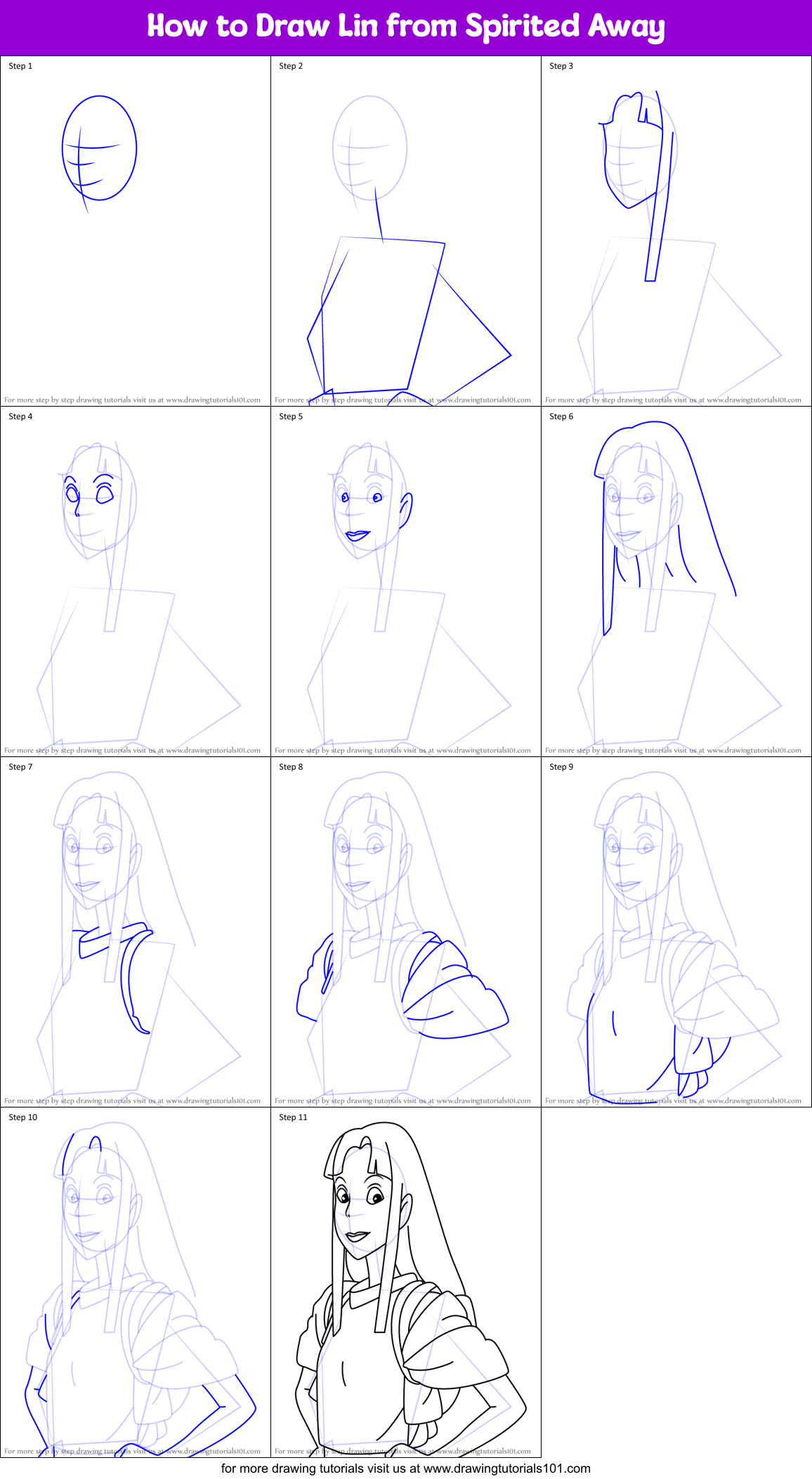 How to Draw Lin from Spirited Away printable step by step drawing sheet