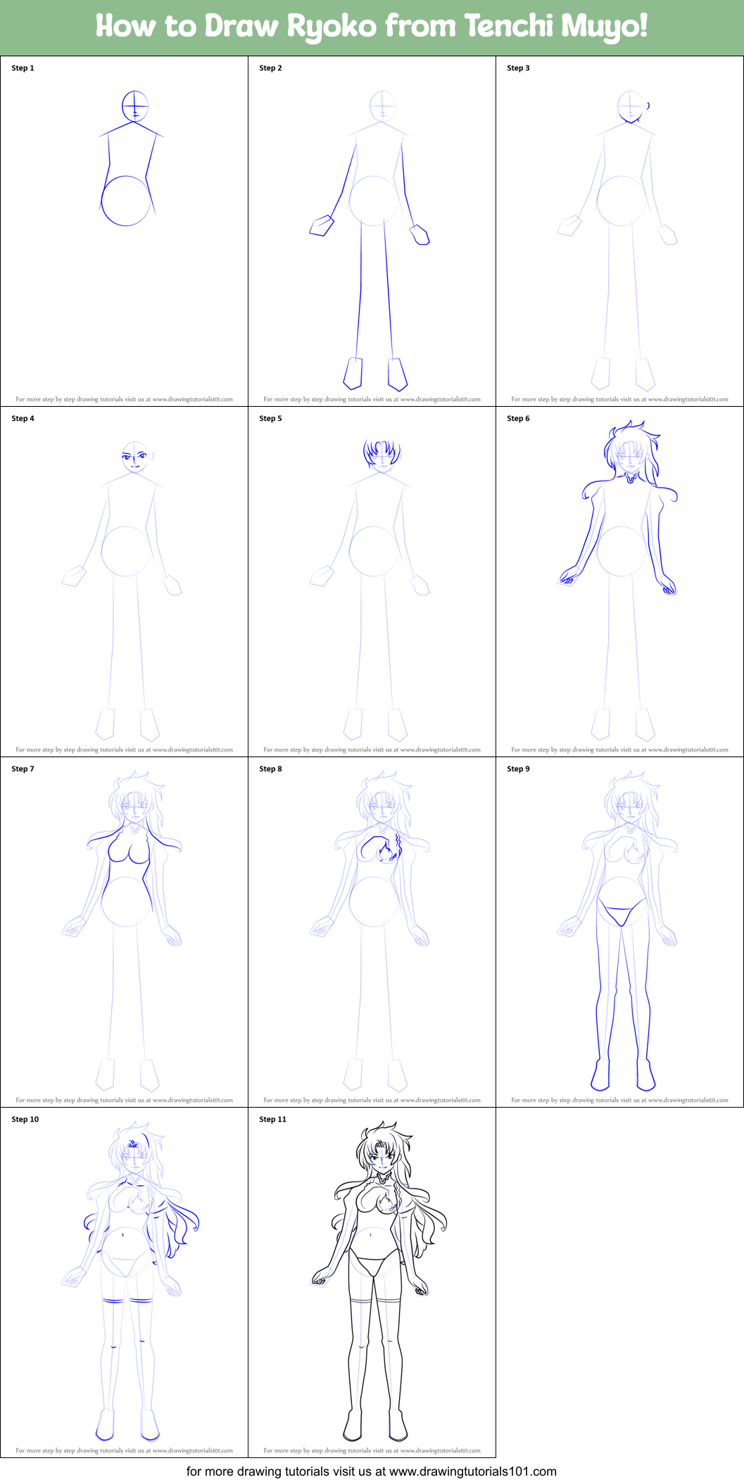 How to Draw Ryoko from Tenchi Muyo! printable step by step drawing ...