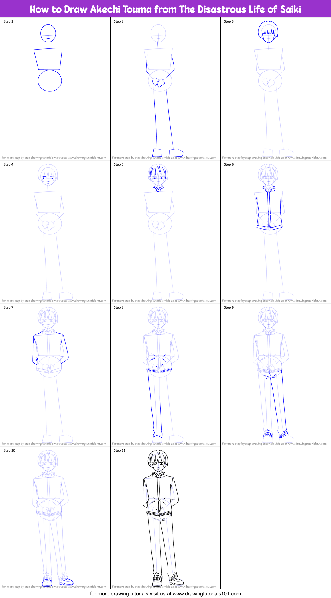 How to Draw Akechi Touma from The Disastrous Life of Saiki printable ...