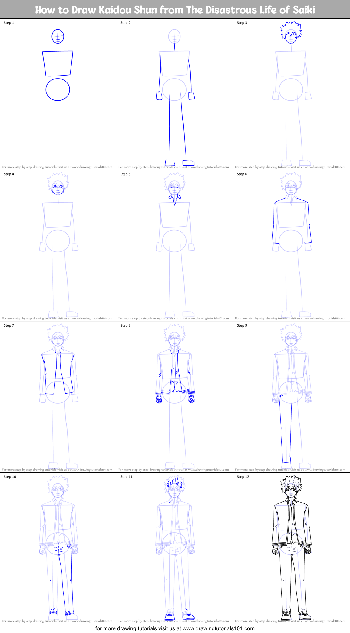 How to Draw Kaidou Shun from The Disastrous Life of Saiki printable ...