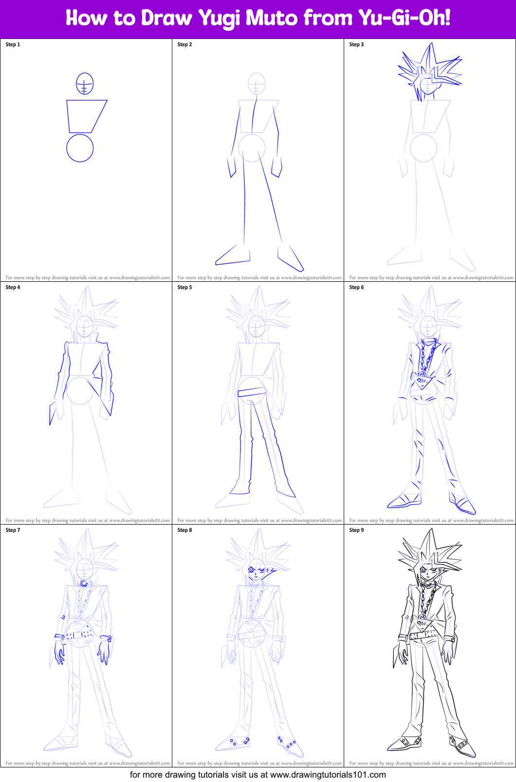 How to Draw Yugi Muto from YuGiOh! printable step by step drawing