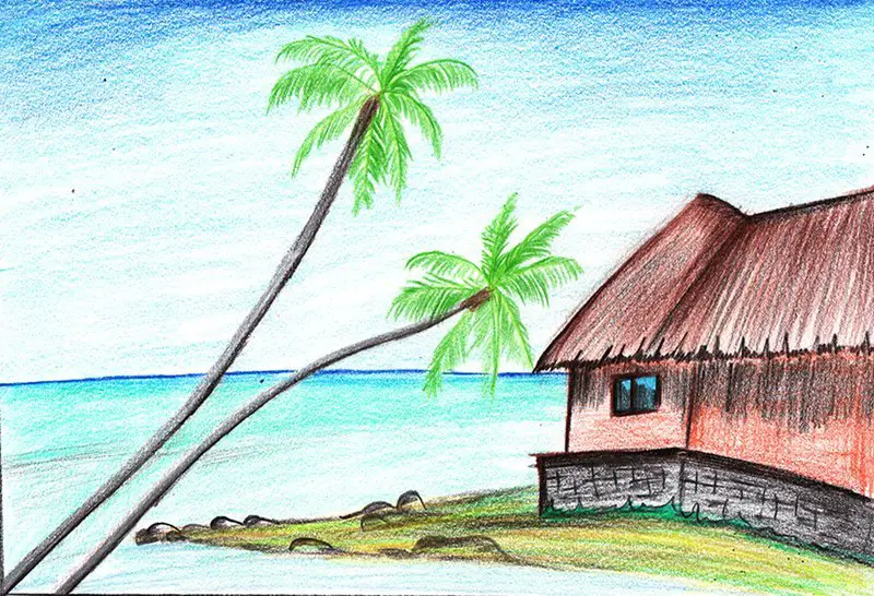 Beach Scenery Color Pencil Drawing