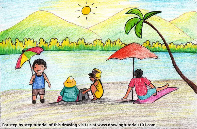 Summer Beach Scene Color Pencil Drawing