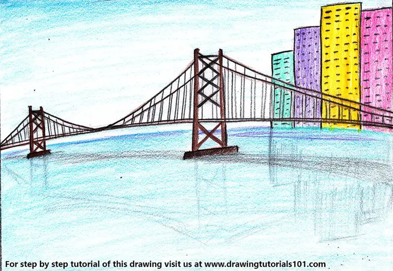 City Bridge Scenery Color Pencil Drawing