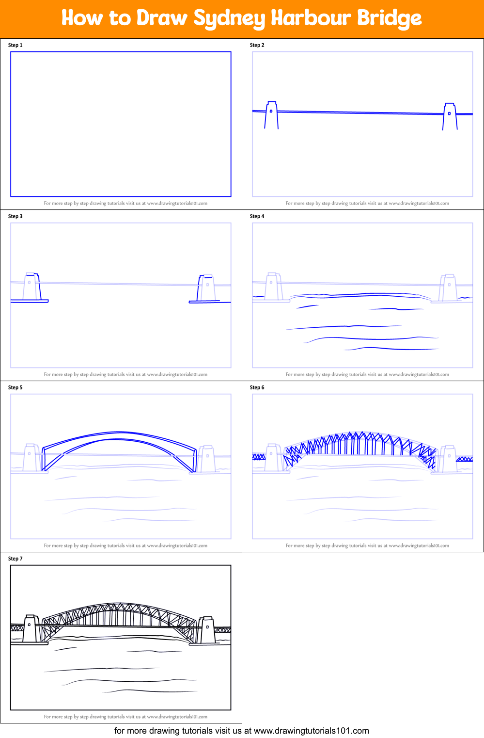 How to Draw Sydney Harbour Bridge printable step by step drawing sheet