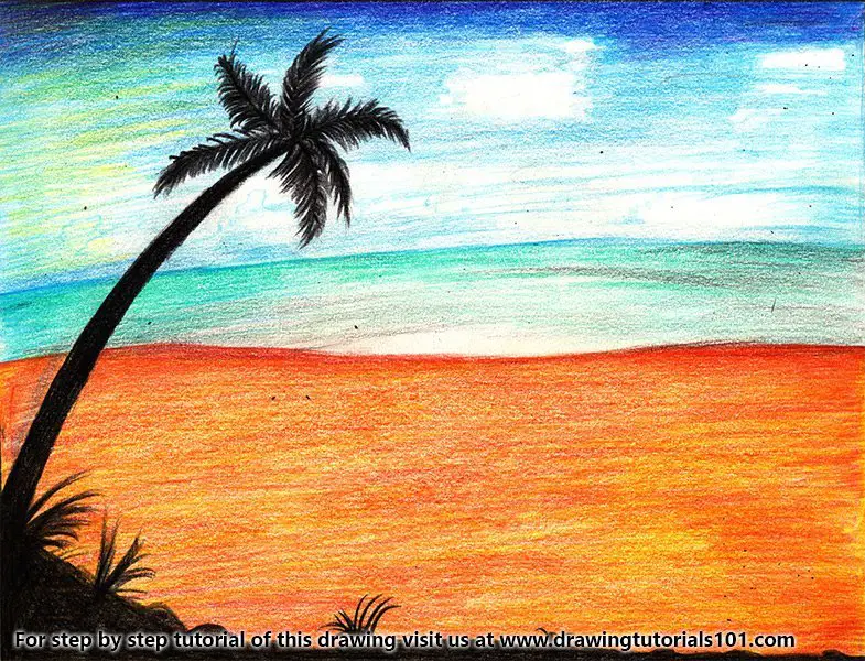 Desert Palm Tree Scene Color Pencil Drawing