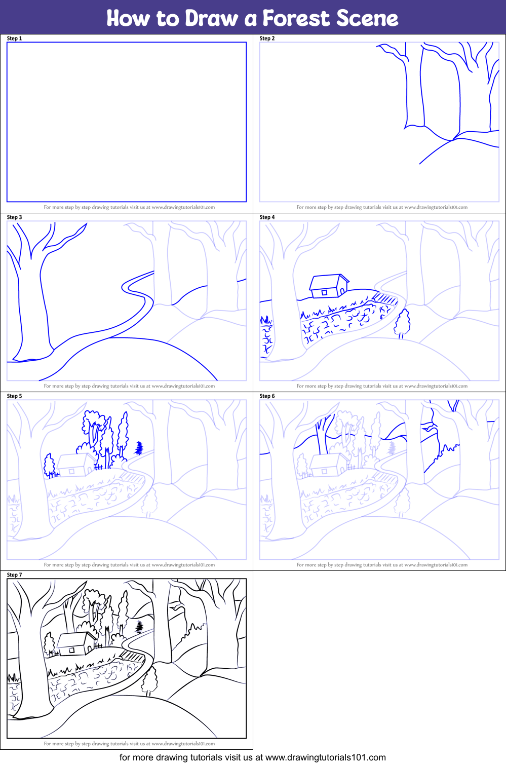 How to Draw a Forest Scene printable step by step drawing sheet