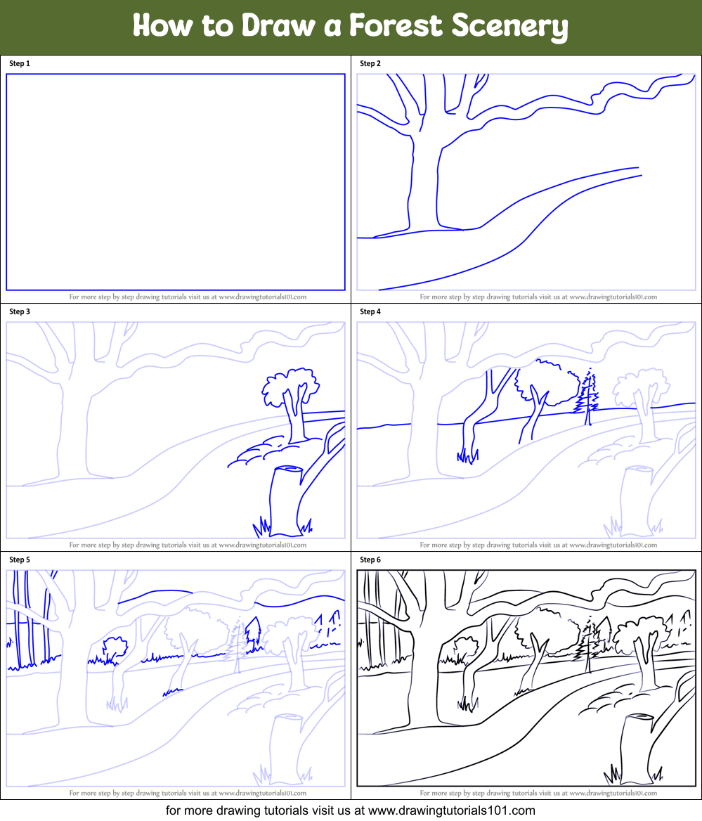 How to Draw a Forest Scenery printable step by step drawing sheet