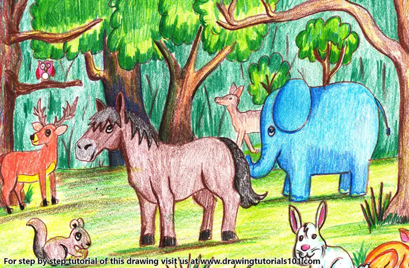 Forest with Animals Color Pencil Drawing