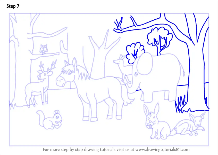 Step by Step How to Draw a Forest with Animals
