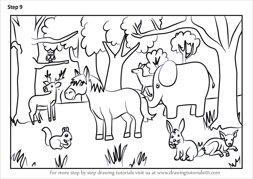 Learn How to Draw a Forest with Animals (Forests) Step by Step