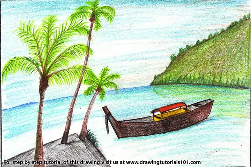 Boat on the Beach Scene Color Pencil Drawing